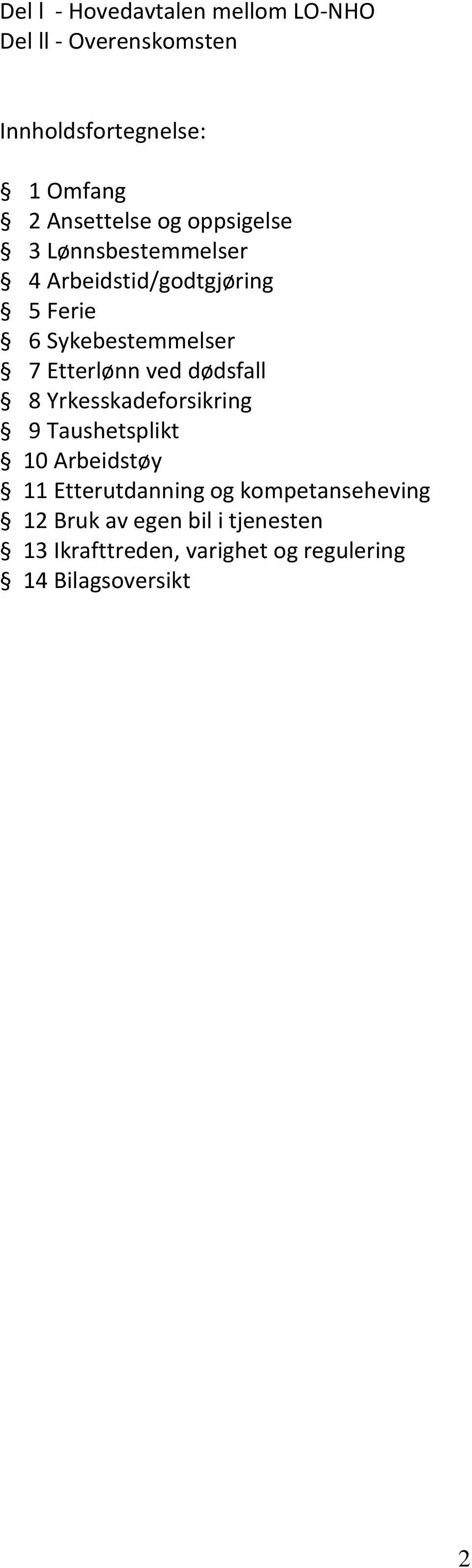 Etterlønn ved dødsfall 8 Yrkesskadeforsikring 9 Taushetsplikt 10 Arbeidstøy 11 Etterutdanning og