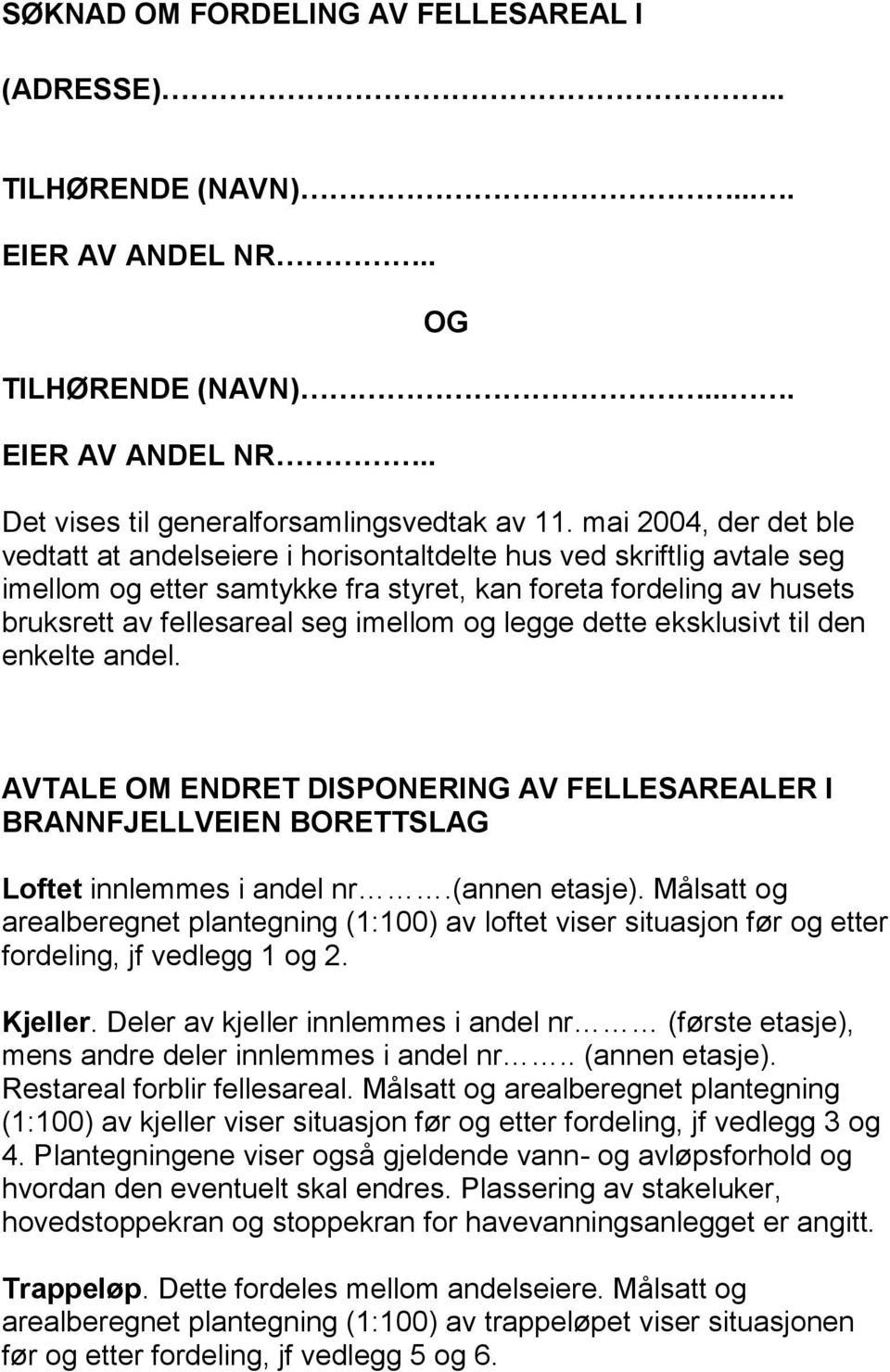 og legge dette eksklusivt til den enkelte andel. AVTALE OM ENDRET DISPONERING AV FELLESAREALER I BRANNFJELLVEIEN BORETTSLAG Loftet innlemmes i andel nr.(annen etasje).