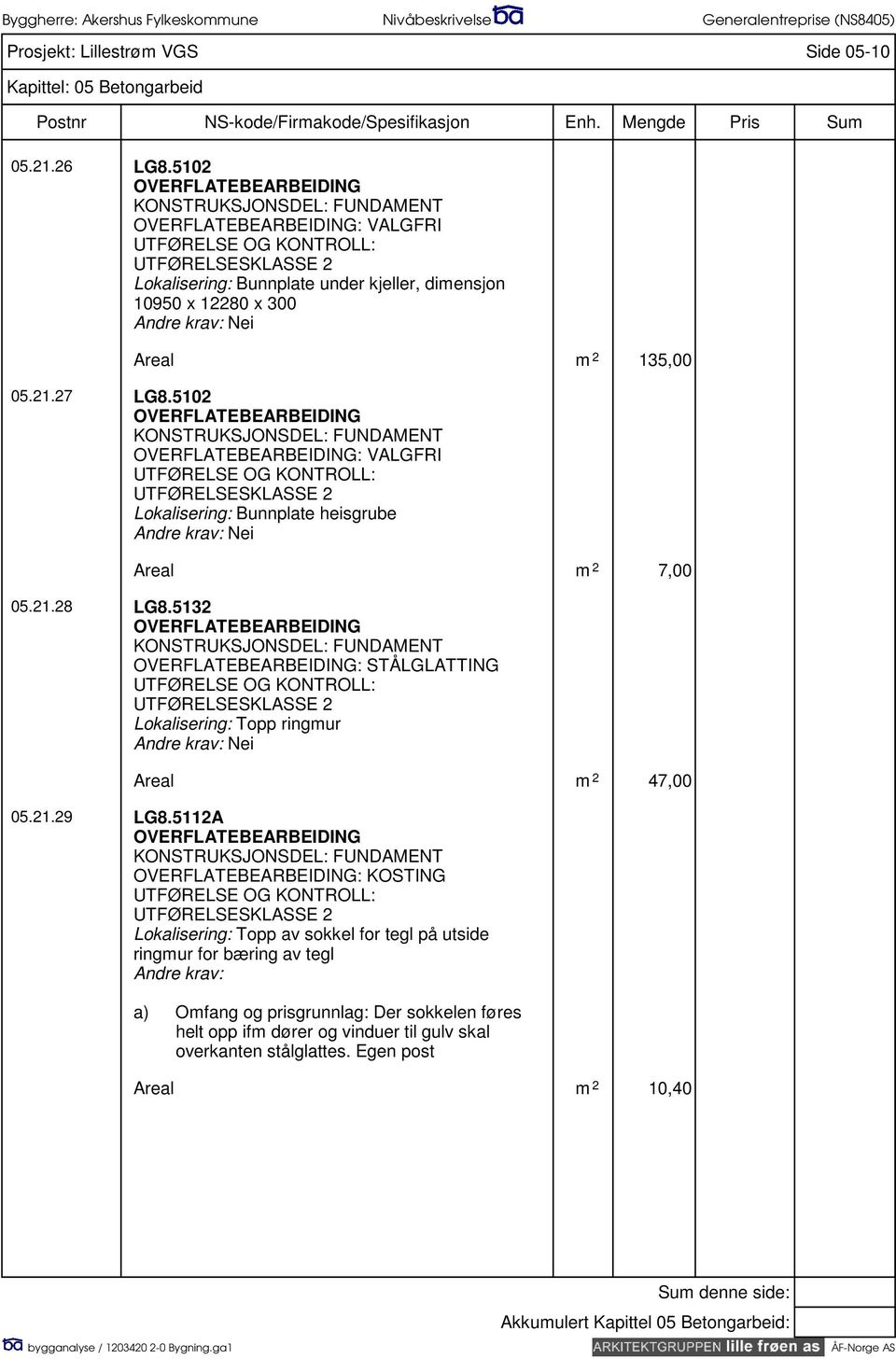 5102 OVERFLATEBEARBEIDING KONSTRUKSJONSDEL: FUNDAMENT OVERFLATEBEARBEIDING: VALGFRI Lokalisering: Bunnplate heisgrube Areal m 2 7,00 05.21.28 LG8.