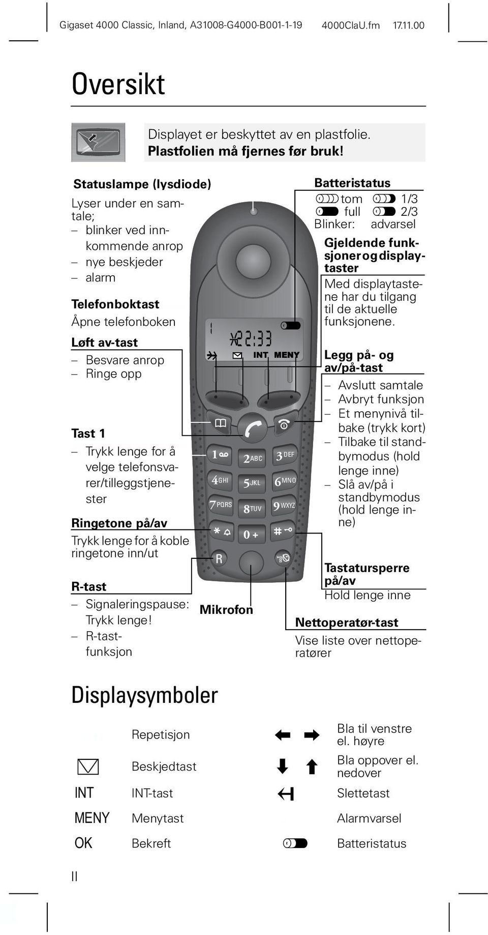 for å velge telefonsvarer/tilleggstjenester Ringetone på/av Trykk lenge for å koble ringetone inn/ut R-tast Signaleringspause: Trykk lenge!