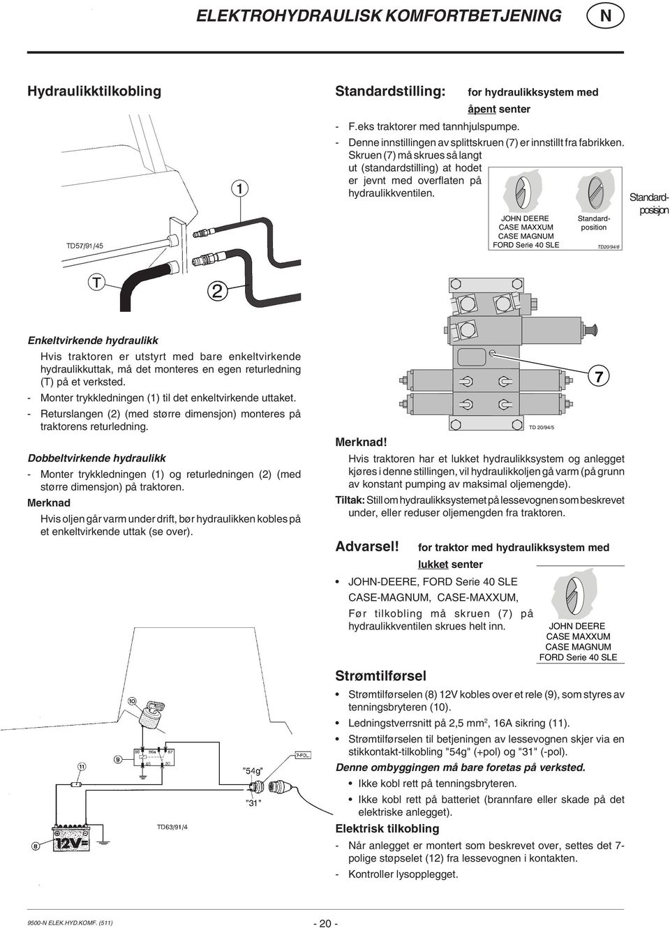 JOH DEERE CASE MAXXUM CASE MAGUM FORD Serie 40 SLE TD20/94/6 Standardposition Standardposisjon Enkeltvirkende hydraulikk Hvis traktoren er utstyrt med bare enkeltvirkende hydraulikkuttak, må det