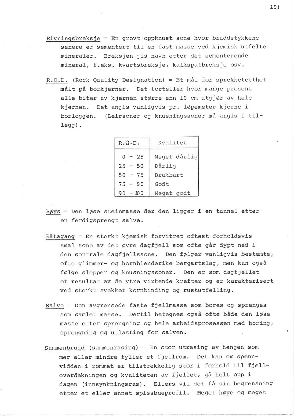 Det angis vanligvis pr. 1@pemeter kjerne i borloggen. (Leirsoner og knusningssoner må angis i tillegg) ' R.Q.D. 0-25 25 50 50 75 75 90 90-100 Kvalitet Meget dår1íg DårIig Brukbart Godt I4eqet qodt RØys = Den løse steinmasse der den lígger i en tunnel etter en ferriigsprengt sa1ve.