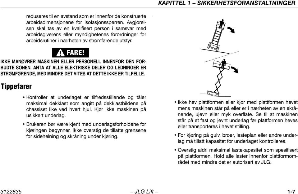 . IKKE MANØVRER MASKINEN ELLER PERSONELL INNENFOR DEN FOR- BUDTE SONEN. ANTA AT ALLE ELEKTRISKE DELER OG LEDNINGER ER STRØMFØRENDE, MED MINDRE DET VITES AT DETTE IKKE ER TILFELLE.