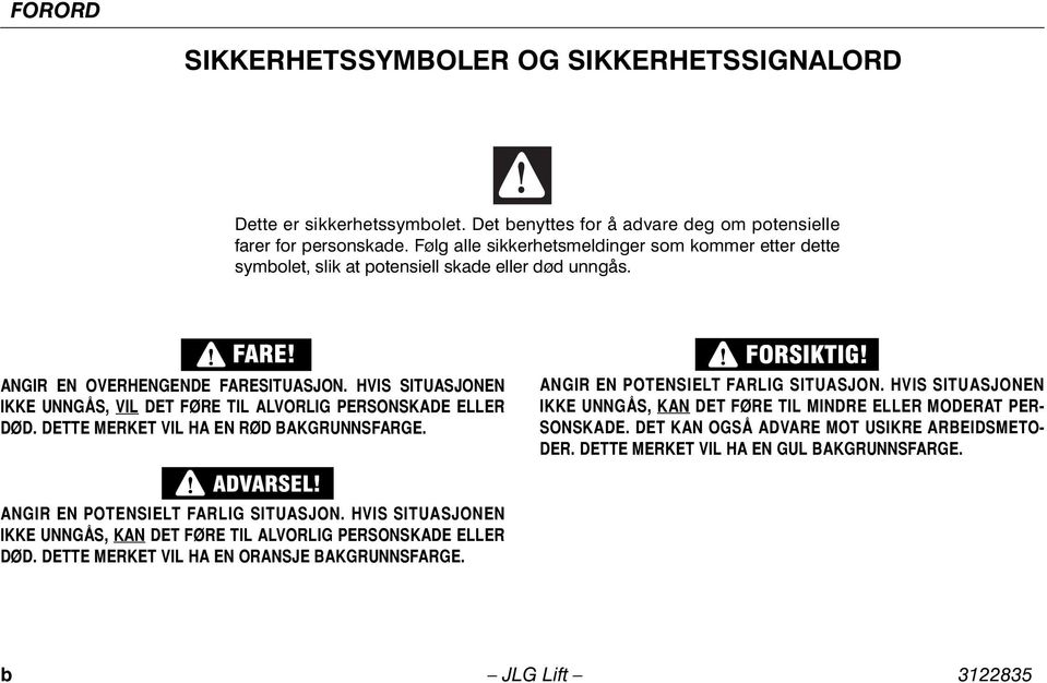 HVIS SITUASJONEN IKKE UNNGÅS, VIL DET FØRE TIL ALVORLIG PERSONSKADE ELLER DØD. DETTE MERKET VIL HA EN RØD BAKGRUNNSFARGE. ANGIR EN POTENSIELT FARLIG SITUASJON.