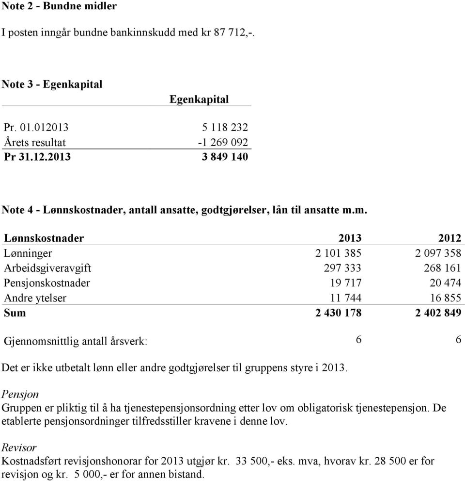 årsverk: 6 6 Det er ikke utbetalt lønn eller andre godtgjørelser til gruppens styre i 2013. Pensjon Gruppen er pliktig til å ha tjenestepensjonsordning etter lov om obligatorisk tjenestepensjon.