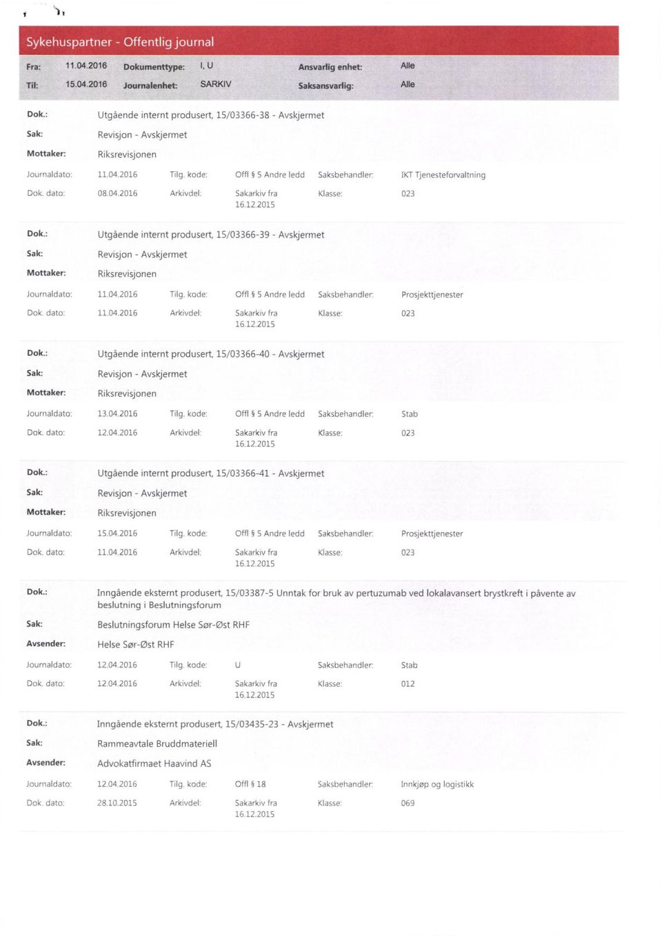 : Utgående internt produsert, 15/03366-39 - Sak: Revisjon - Riksrevisjonen Journaldato: 11.04.2016 Tilg. kode: Offl 5 Andre ledd Saksbehandler: Prosjekttjenester Dok. dato: 11.04.2016 Arkivdel: Sakarkiv fra Klasse: 023 Dok.