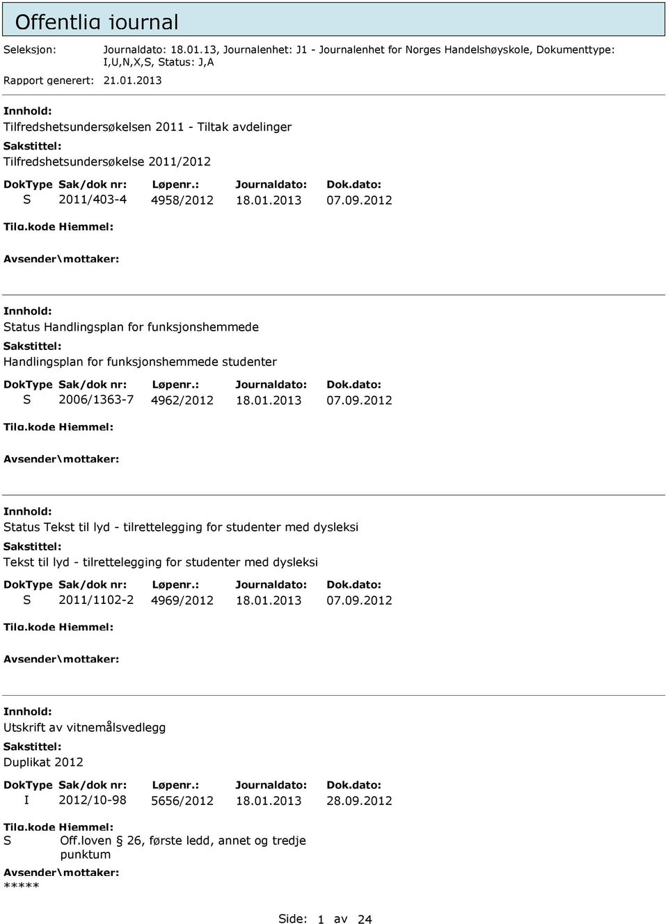 09.2012 Utskrift av vitnemålsvedlegg Duplikat 2012 2012/10-98 5656/2012 28.09.2012 Tilg.kode Hjemmel: Off.loven 26, første ledd, annet og tredje punktum ide: 1 av 24