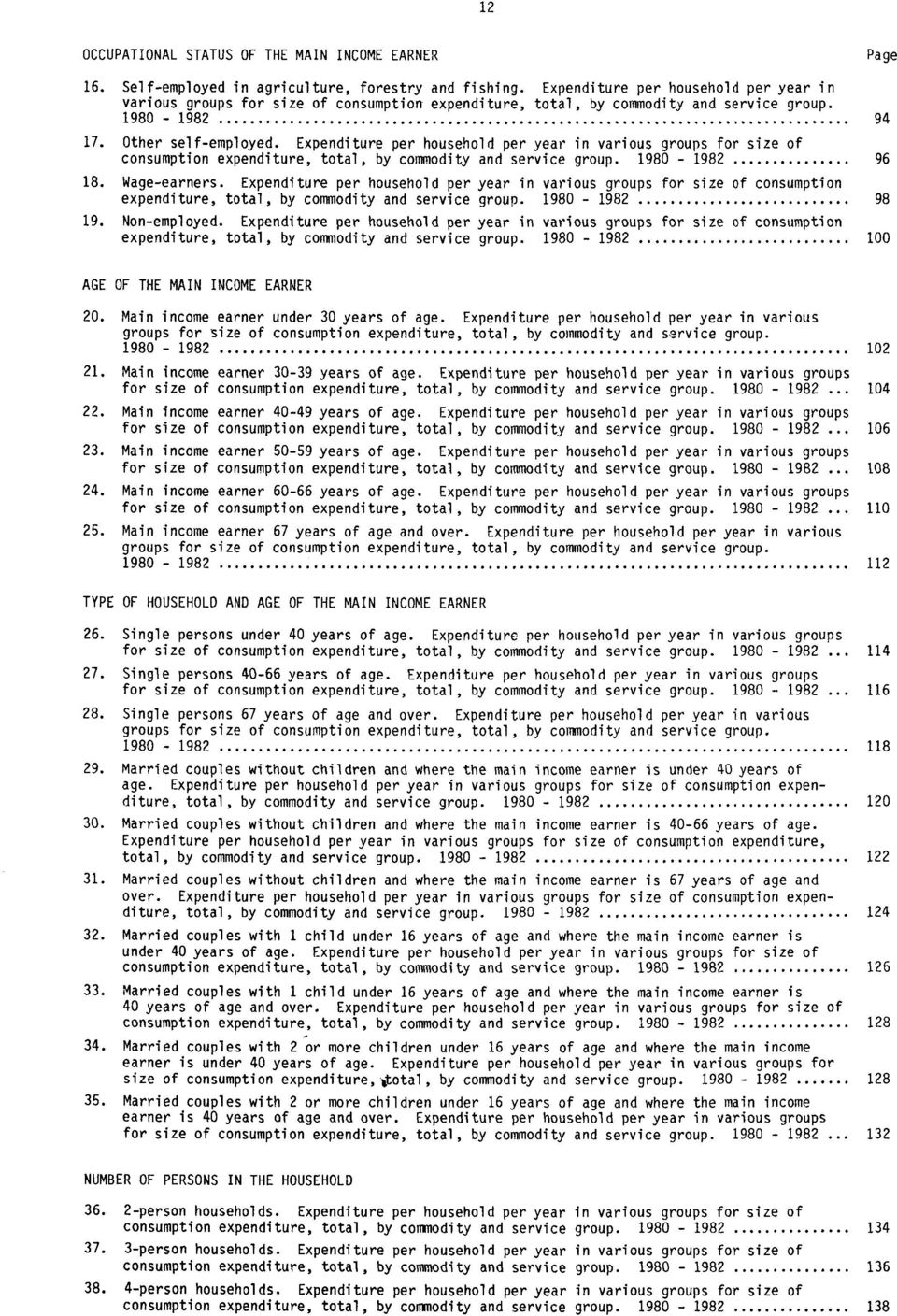 Expenditure per household per year in various groups for size of consumption expenditure, total, by commodity and service group. 1980-1982 96 18. Wage-earners.