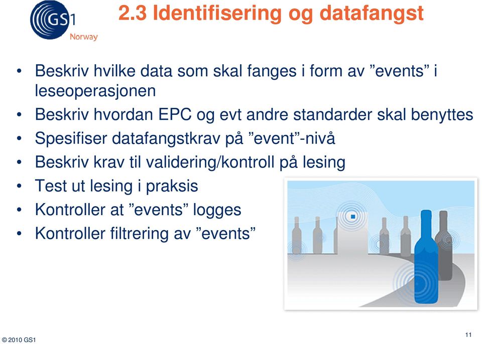 Spesifiser datafangstkrav på event -nivå Beskriv krav til validering/kontroll på