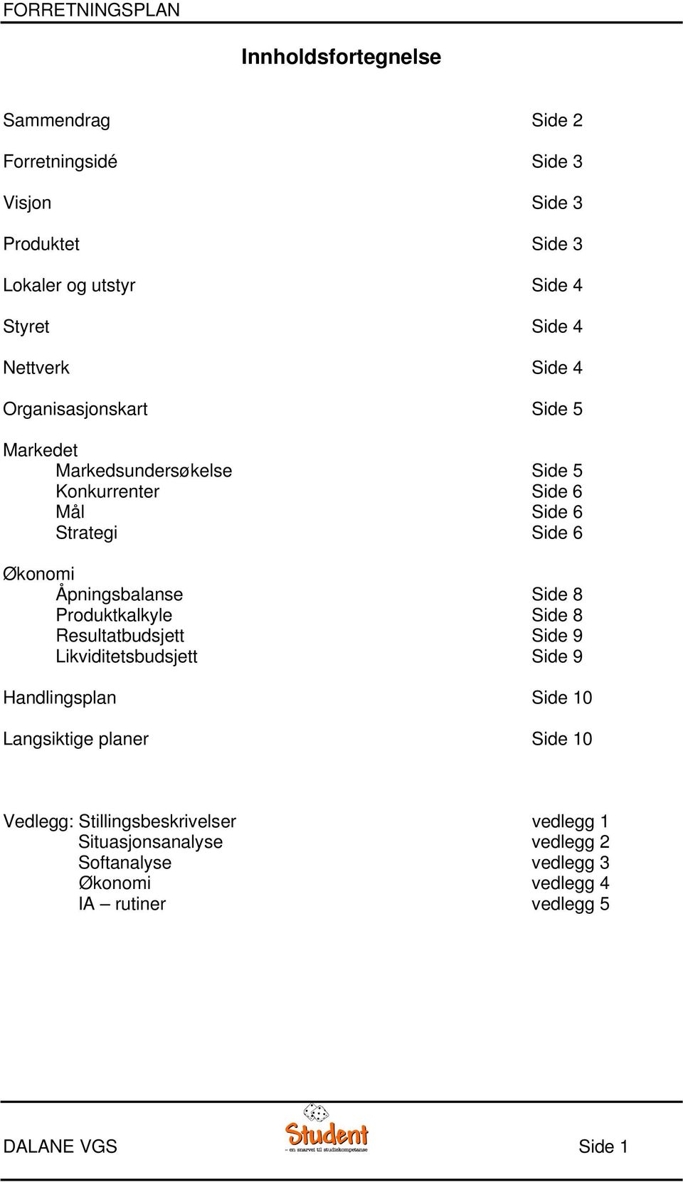 Åpningsbalanse Side 8 Produktkalkyle Side 8 Resultatbudsjett Side 9 Likviditetsbudsjett Side 9 Handlingsplan Side 10 Langsiktige planer