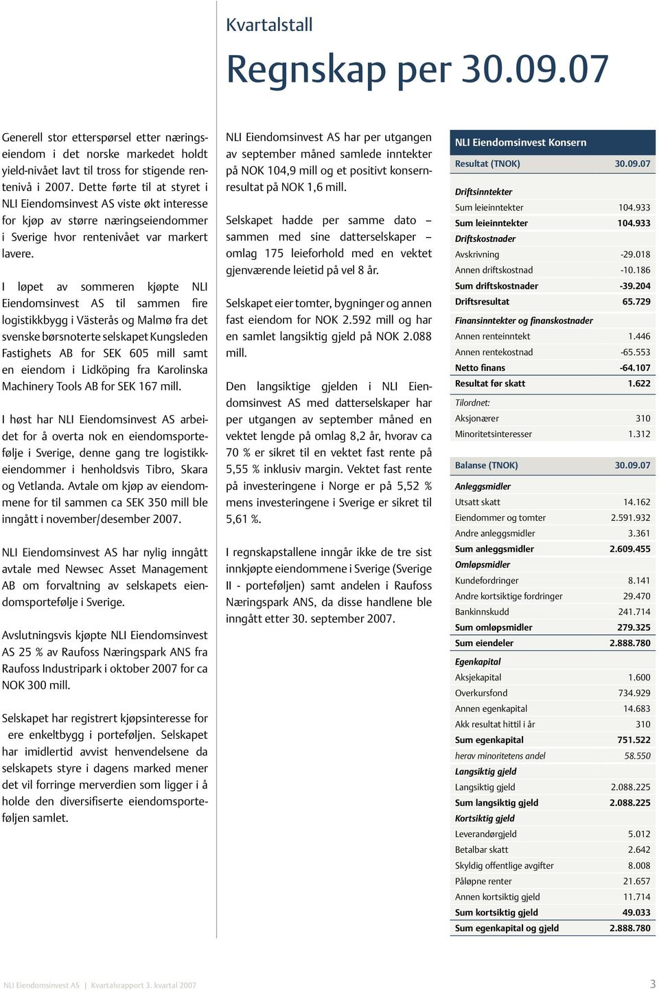 I løpet av sommeren kjøpte NLI Eiendomsinvest AS til sammen fire logistikkbygg i Västerås og Malmø fra det svenske børsnoterte selskapet Kungsleden Fastighets AB for SEK 605 mill samt en eiendom i