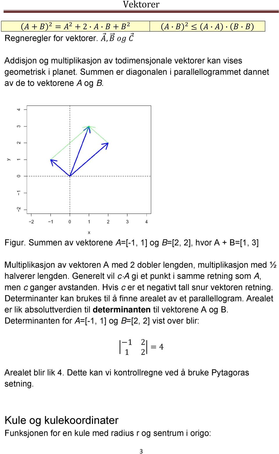 Generelt vil c A gi et punkt i samme retning som A, men c ganger avstanden. Hvis c er et negativt tall snur vektoren retning. Determinanter kan brukes til å finne arealet av et parallellogram.