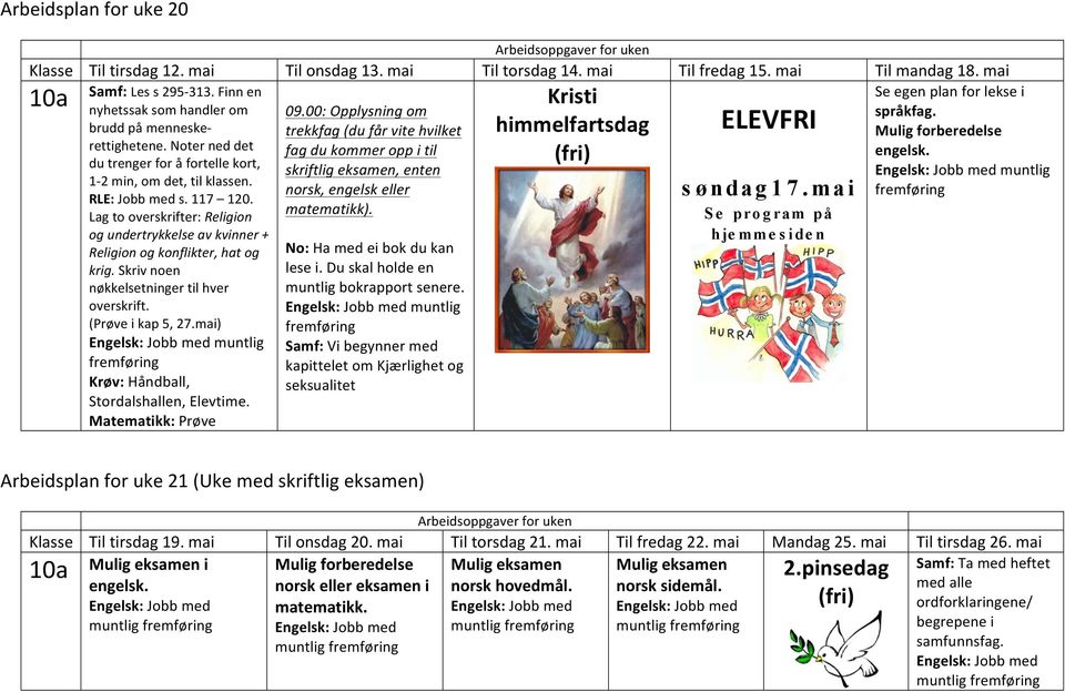 Skriv noen nøkkelsetninger til hver overskrift. (Prøve i kap 5, 27.mai) elsk: Jobb med muntlig : Håndball, Stordalshallen, Elevtime.