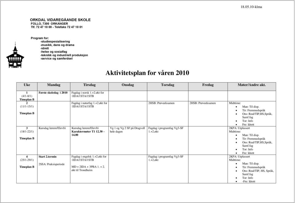 -service og samferdsel Aktivitetsplan for våren 2010 1 (4/1-8/1) 2 (11/1-15/1) 3 (18/1-22/1) 4 (25/1-29/1) Første skoledag i 2010 Kursdag lærere/elevfri Start