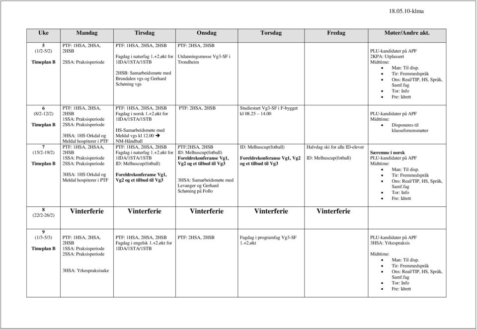 00 NM-Håndball, Foreldrekonferanse Vg1, Vg2 og et tilbud til Vg3, PTF:2HSA, Foreldrekonferanse Vg1, Vg2 og et tilbud til Vg3 3HSA: Samarbeidsmøte med Levanger og Gerhard Schøning på