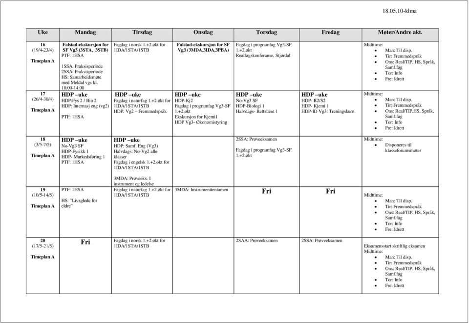 Realfagskonferanse, Stjørdal No-Vg3 SF HDP-Biologi 1 Halvdags- Rettslære 1 HDP- R2/S2 HDP- Kjemi 1 HDP-ID Vg3: Treningslære Ons: Real/TIP,HS, Språk, 18 (3/5-7/5) No-Vg3 SF HDP-Fysikk 1 HDP-