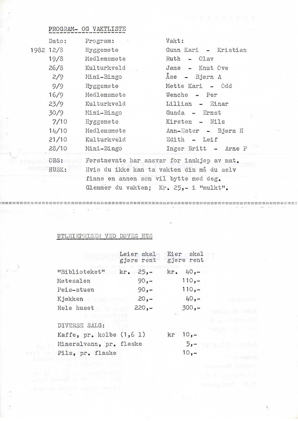 - Bjorn H Edith - Leif Inger Britt - Arne P OBS: HUSK: Forstnevnte har ansvar for innkjop av m.