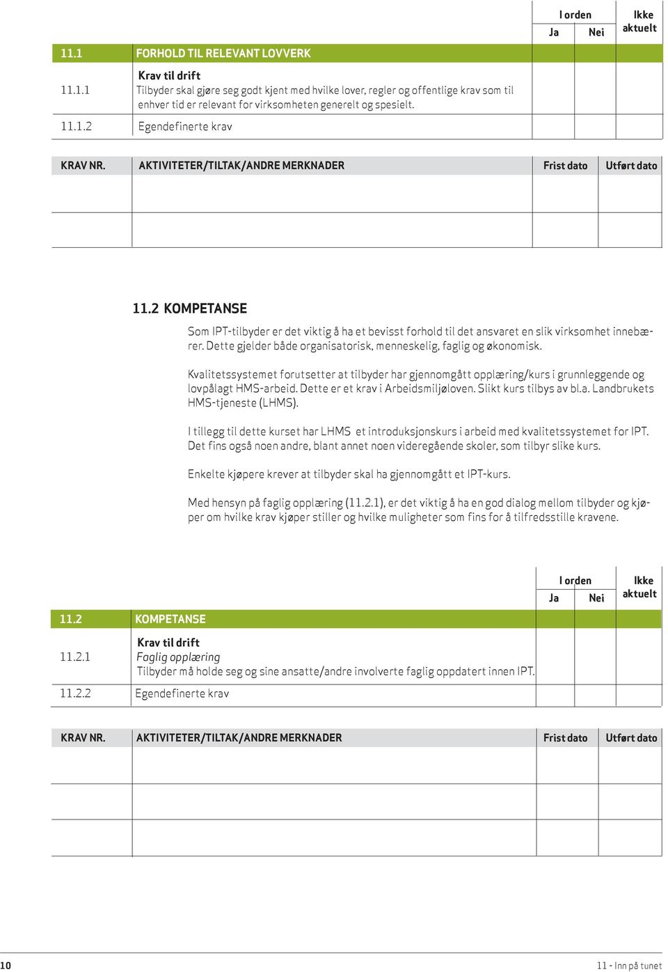 Dette gjelder både organisatorisk, menneskelig, faglig og økonomisk. Kvalitetssystemet forutsetter at tilbyder har gjennomgått opplæring/kurs i grunnleggende og lovpålagt HMS-arbeid.