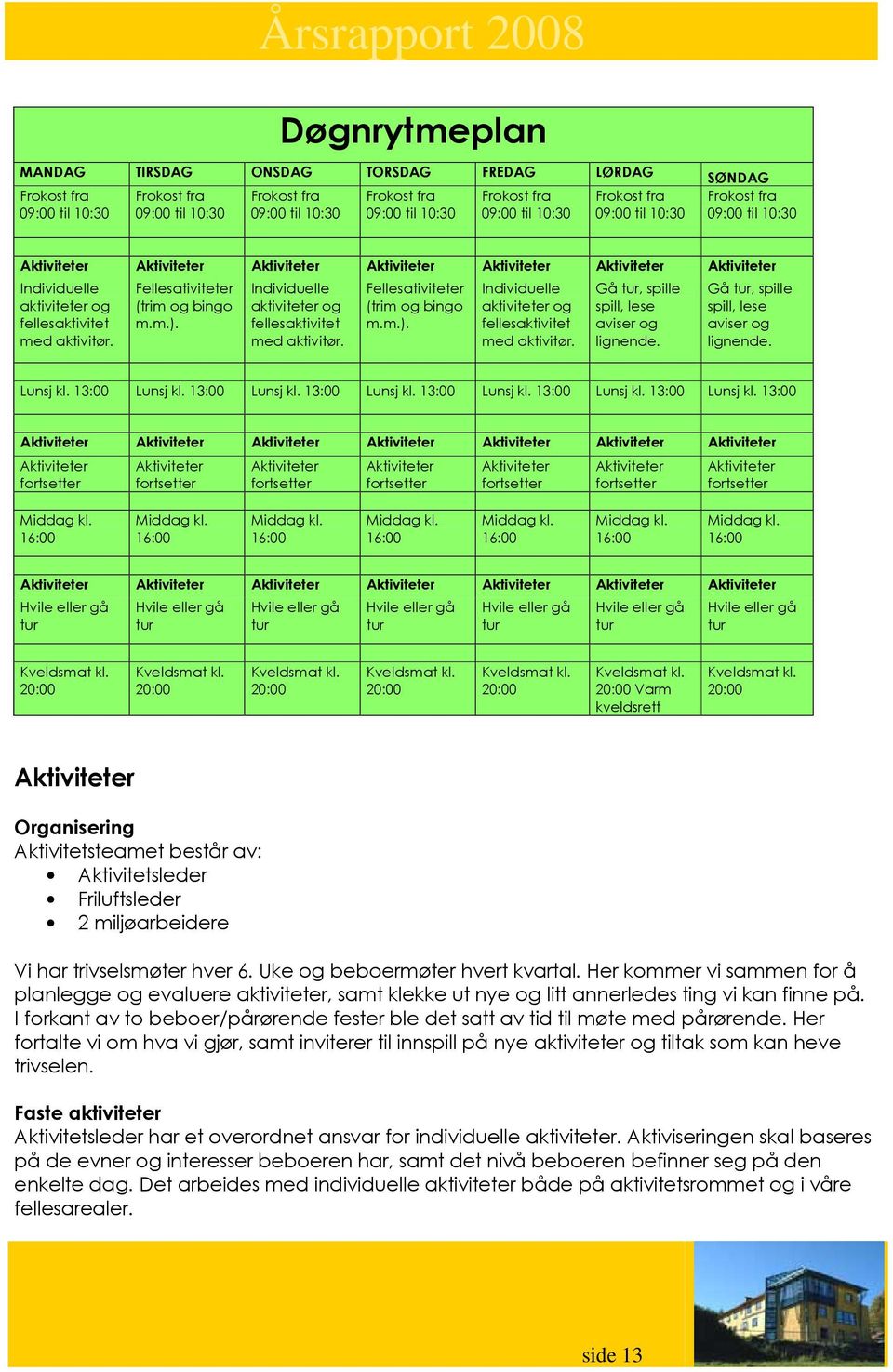 aktivitør. Fellesativiteter (trim og bingo m.m.). Individuelle aktiviteter og fellesaktivitet med aktivitør. Fellesativiteter (trim og bingo m.m.). Individuelle aktiviteter og fellesaktivitet med aktivitør. Gå tur, spille spill, lese aviser og lignende.