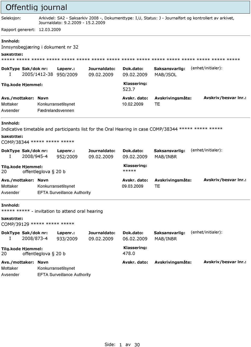 7 TE Fædrelandsvennen ndicative timetable and participants list for the Oral Hearing in case COMP/38344 ***** ***** ***** COMP/38344 ***** ***** ***** 2008/945-4 952/2009 MAB/NBR 20