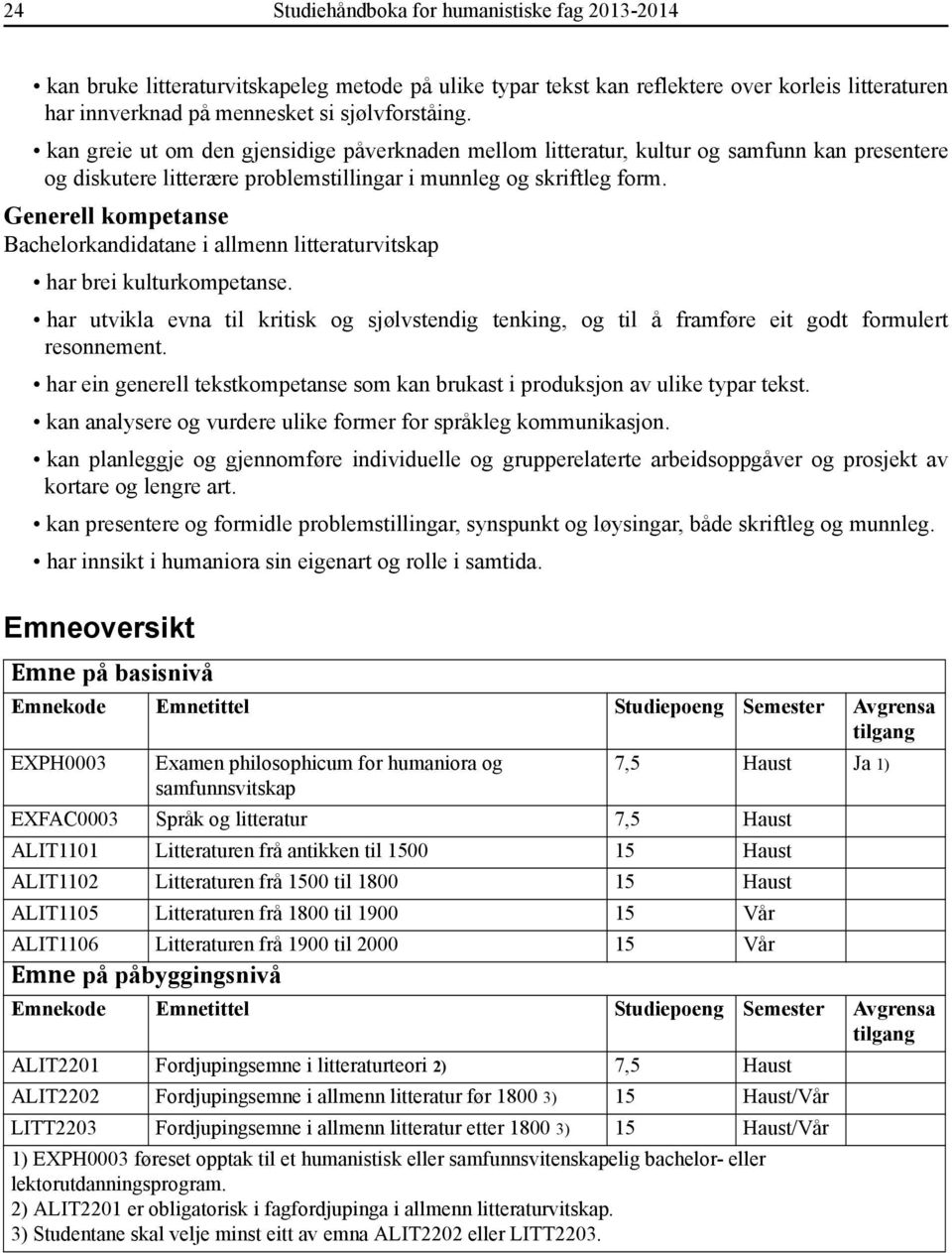 Generell kompetanse Bachelorkandidatane i allmenn litteraturvitskap har brei kulturkompetanse. har utvikla evna til kritisk og sjølvstendig tenking, og til å framføre eit godt formulert resonnement.