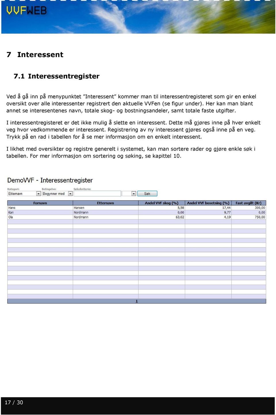 Her kan man blant annet se interesentenes navn, totale skog- og bostningsandeler, samt totale faste utgifter. I interessentregisteret er det ikke mulig å slette en interessent.