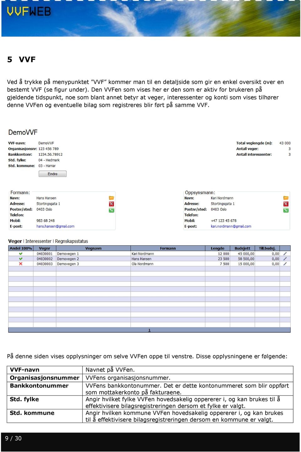 registreres blir ført på samme VVF. På denne siden vises opplysninger om selve VVFen oppe til venstre. Disse opplysningene er følgende: VVF-navn Organisasjonsnummer Bankkontonummer Std. fylke Std.