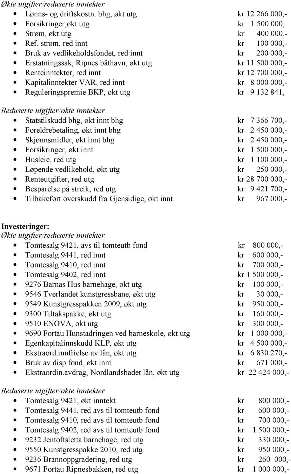 red innt kr 8 000 000,- Reguleringspremie BKP, økt utg kr 9 132 841, Reduserte utgifter/økte inntekter Statstilskudd bhg, økt innt bhg kr 7 366 700,- Foreldrebetaling, økt innt bhg kr 2 450 000,-