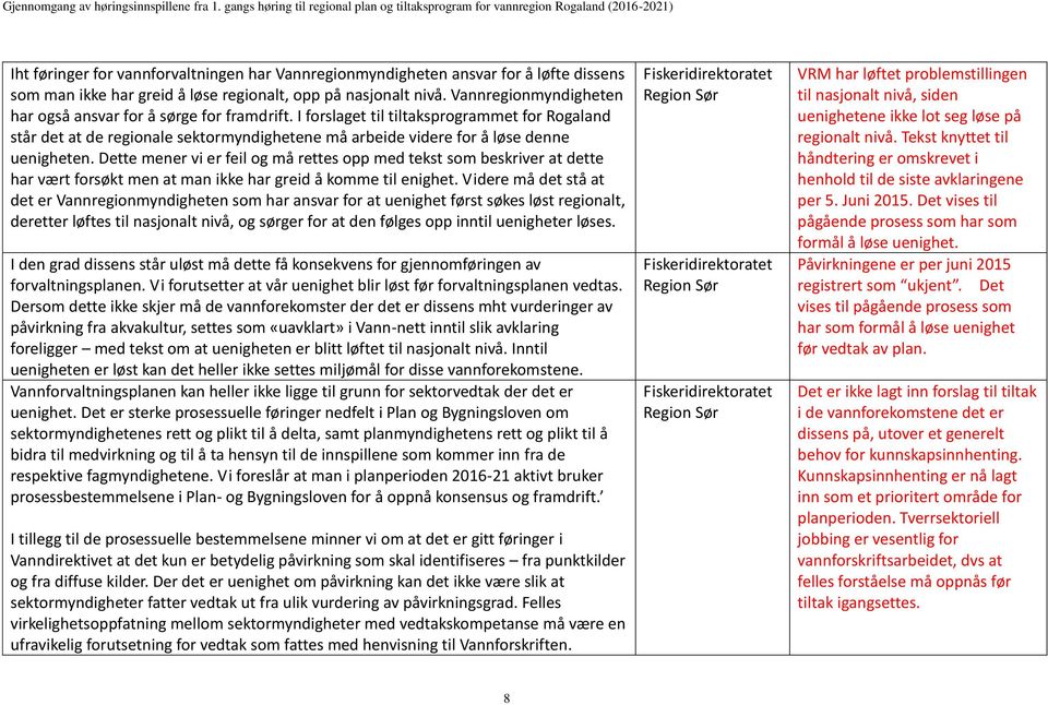 I forslaget til tiltaksprogrammet for Rogaland står det at de regionale sektormyndighetene må arbeide videre for å løse denne uenigheten.