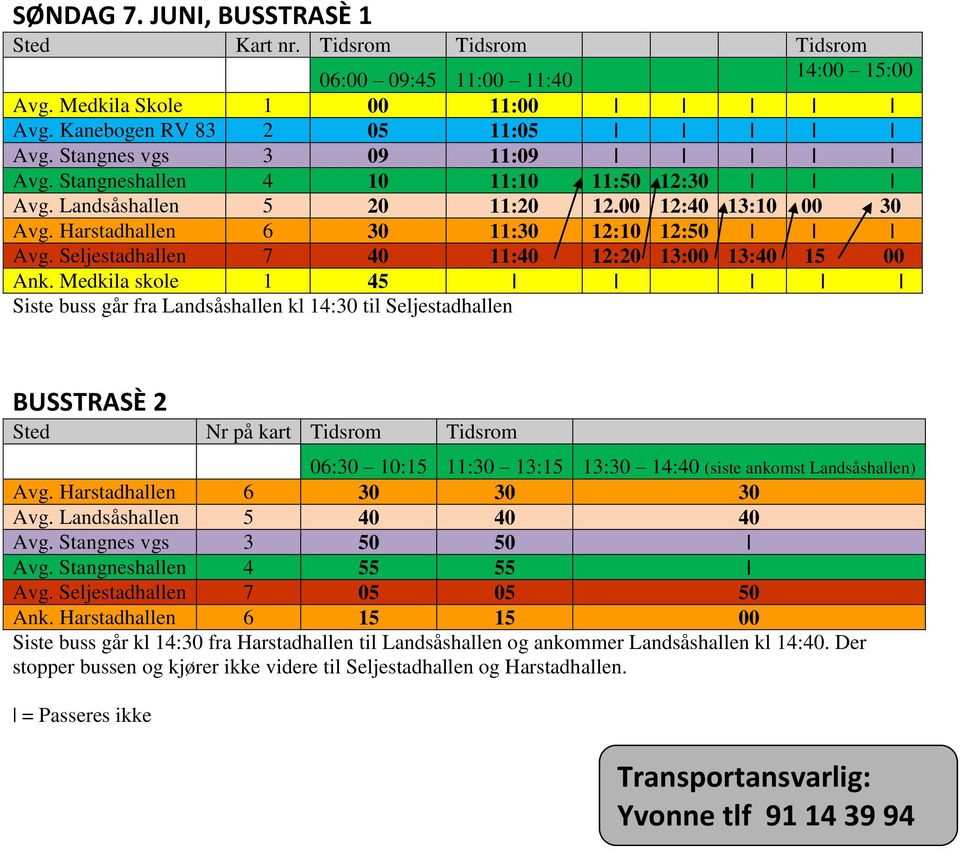 Medkila skole 1 45 Siste buss går fra Landsåshallen kl 14:30 til Seljestadhallen BUSSTRASÈ 2 Sted Nr på kart Tidsrom Tidsrom 06:30 10:15 11:30 13:15 13:30 14:40 (siste ankomst Landsåshallen) Avg.