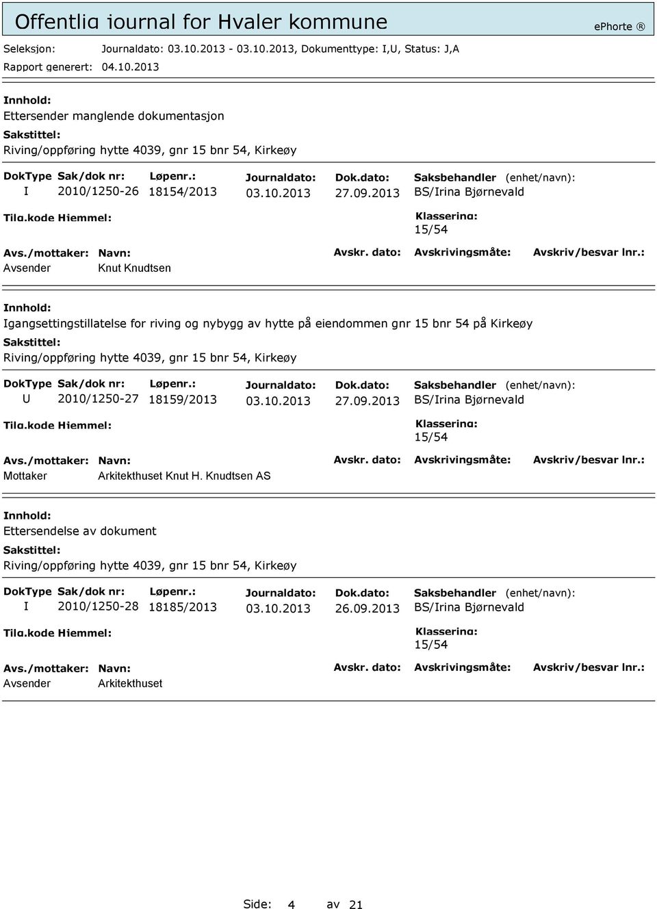 Riving/oppføring hytte 4039, gnr 15 bnr 54, Kirkeøy 2010/1250-27 18159/2013 27.09.2013 BS/rina Bjørnevald 15/54 Mottaker Arkitekthuset Knut H.