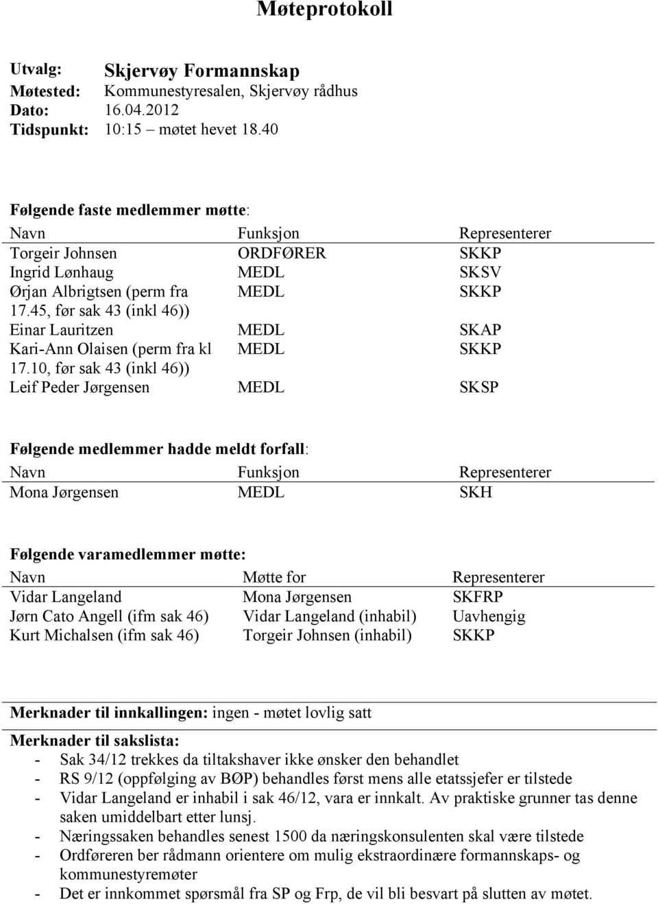 45, før sak 43 (inkl 46)) Einar Lauritzen MEDL SKAP Kari-Ann Olaisen (perm fra kl MEDL SKKP 17.