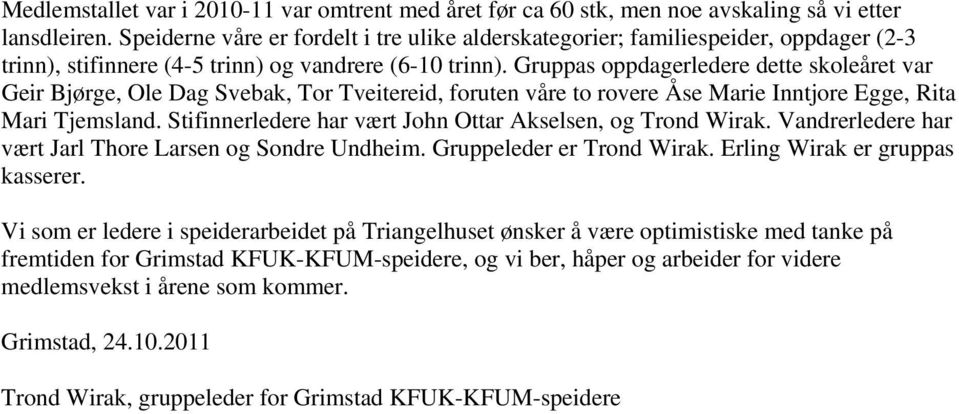 Gruppas oppdagerledere dette skoleåret var Geir Bjørge, Ole Dag Svebak, Tor Tveitereid, foruten våre to rovere Åse Marie Inntjore Egge, Rita Mari Tjemsland.