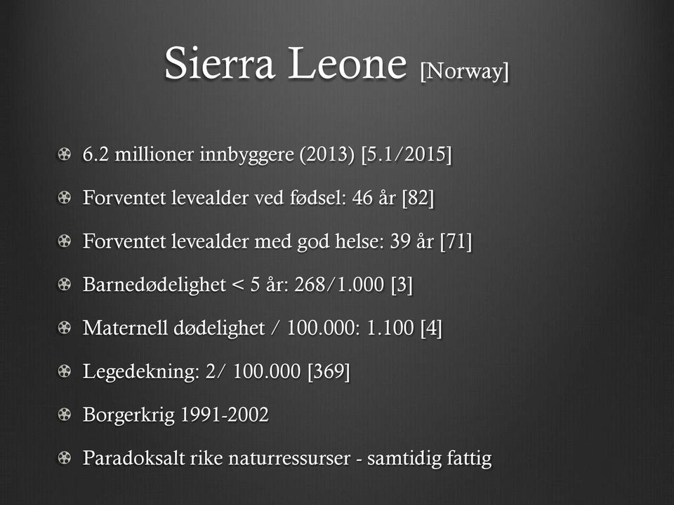 helse: 39 år [71] Barnedødelighet < 5 år: 268/1.000 [3] Maternell dødelighet / 100.