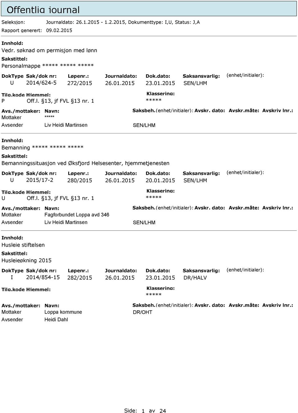 : Mottaker Avsender Liv Heidi Martinsen nnhold: Bemanning Bemanningssituasjon ved Øksfjord Helsesenter, hjemmetjenesten 2015/17-2 280/2015 20.01.2015 Off.