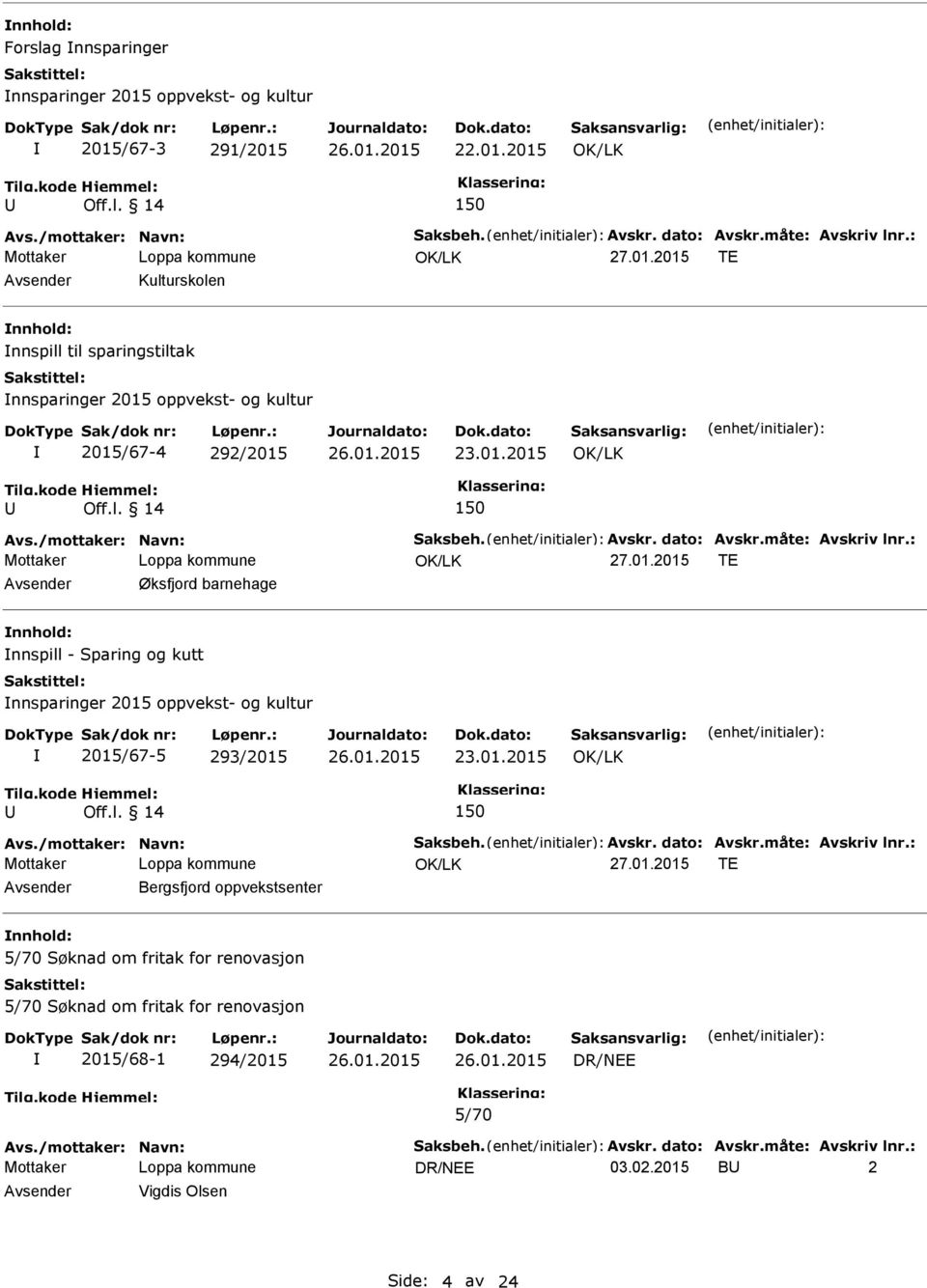 måte: Avskriv lnr.: TE Avsender Øksfjord barnehage nnhold: nnspill - Sparing og kutt nnsparinger 2015 oppvekst- og kultur 2015/67-5 293/2015 23.01.2015 Off.l. 14 150 Avs./mottaker: Navn: Saksbeh.