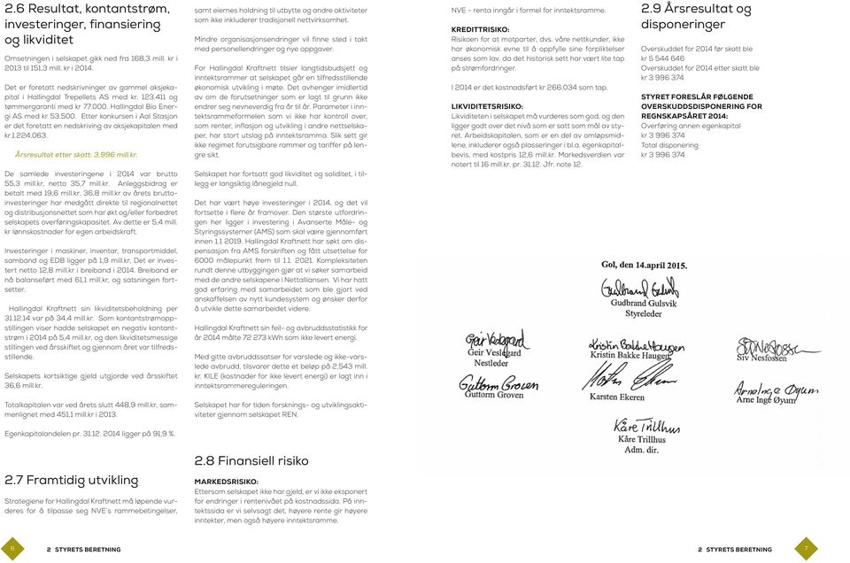 Etter konkursen i Aal Stasjon er det foretatt en nedskriving av aksjekapitalen med kr.1.224.063. Årsresultat etter skatt: 3,996 mill.kr. De samlede investeringene i 2014 var brutto 55,3 mill.