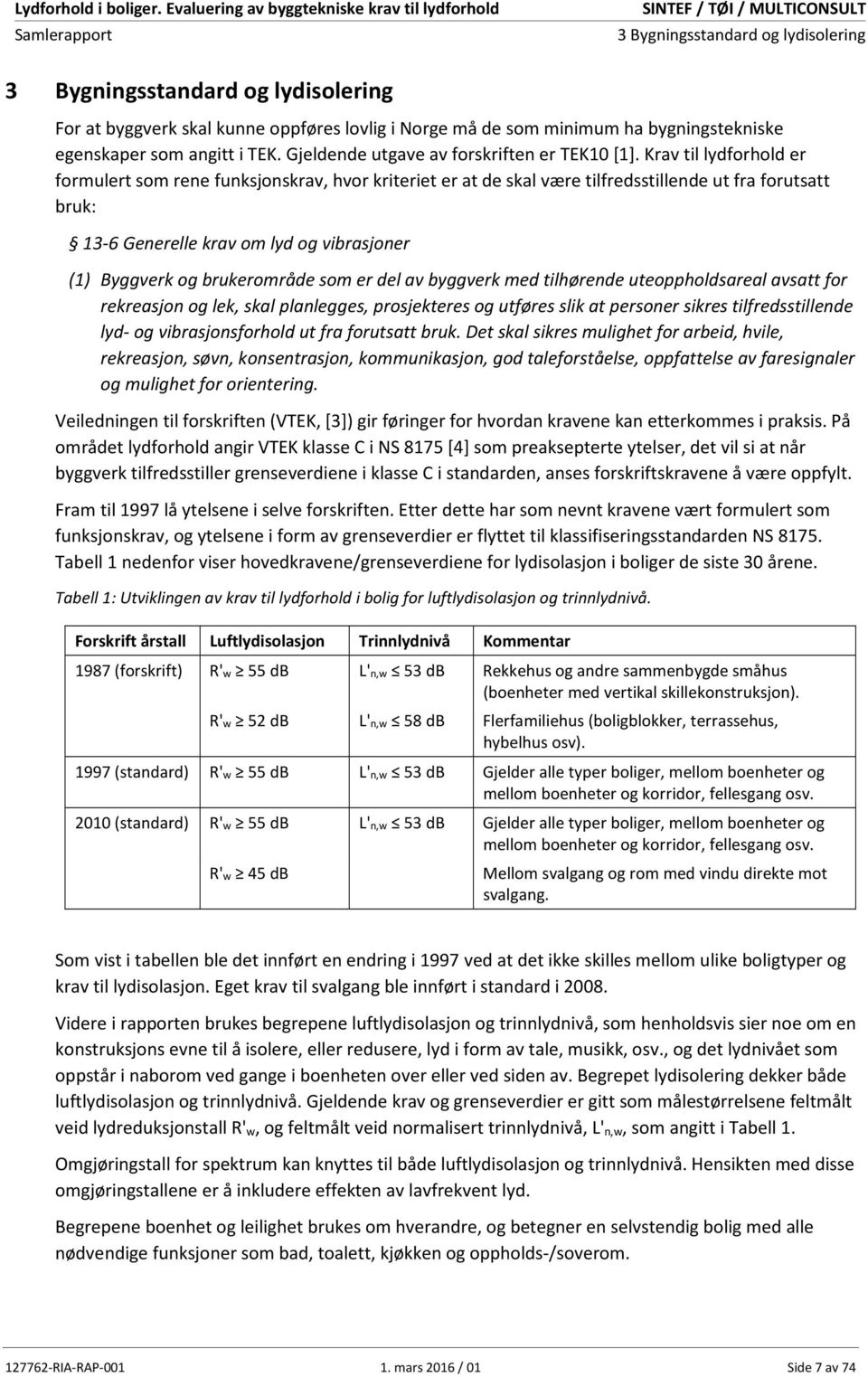 Krav til lydforhold er formulert som rene funksjonskrav, hvor kriteriet er at de skal være tilfredsstillende ut fra forutsatt bruk: 13-6 Generelle krav om lyd og vibrasjoner (1) Byggverk og