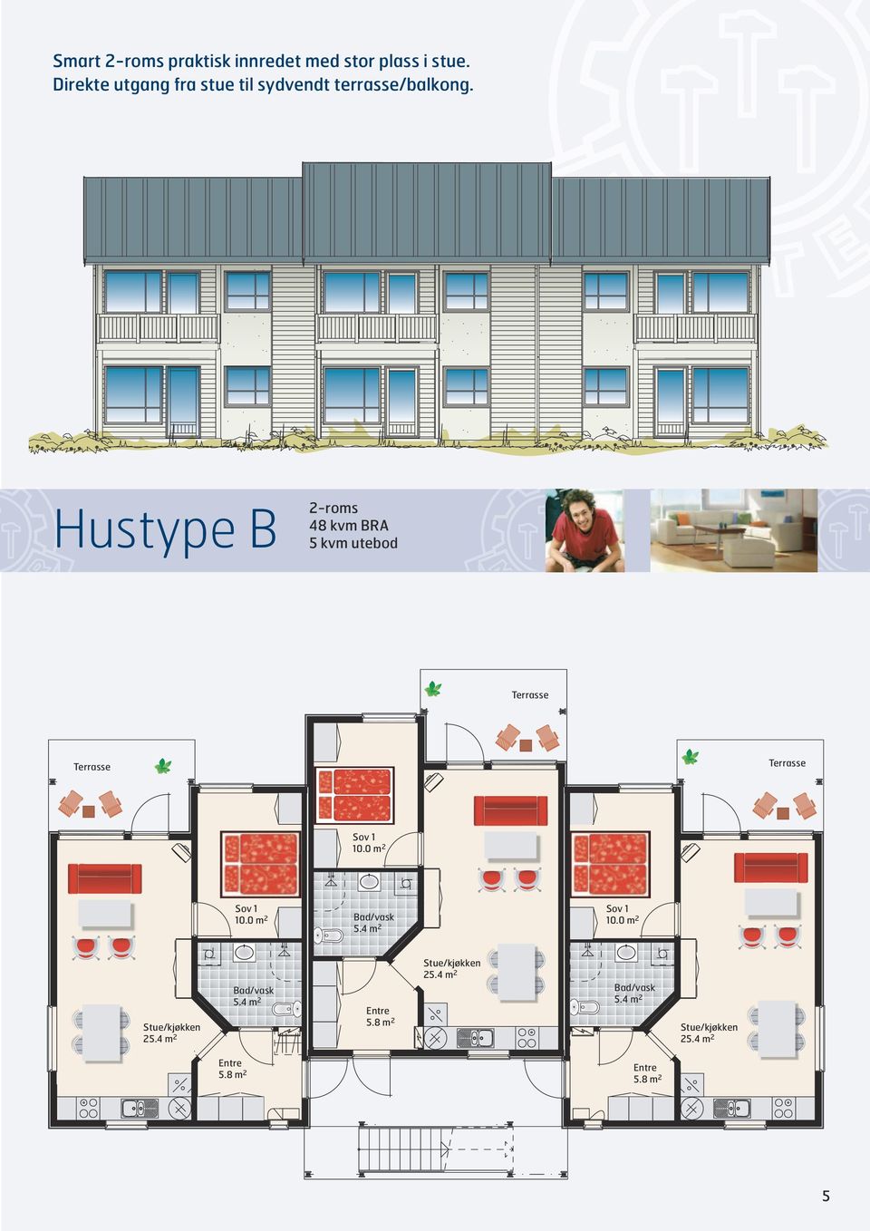 Hustype B 2-roms 48 kvm BRA 5 kvm utebod 10.0 m 2 10.0 m 2 Bad/vask 5.