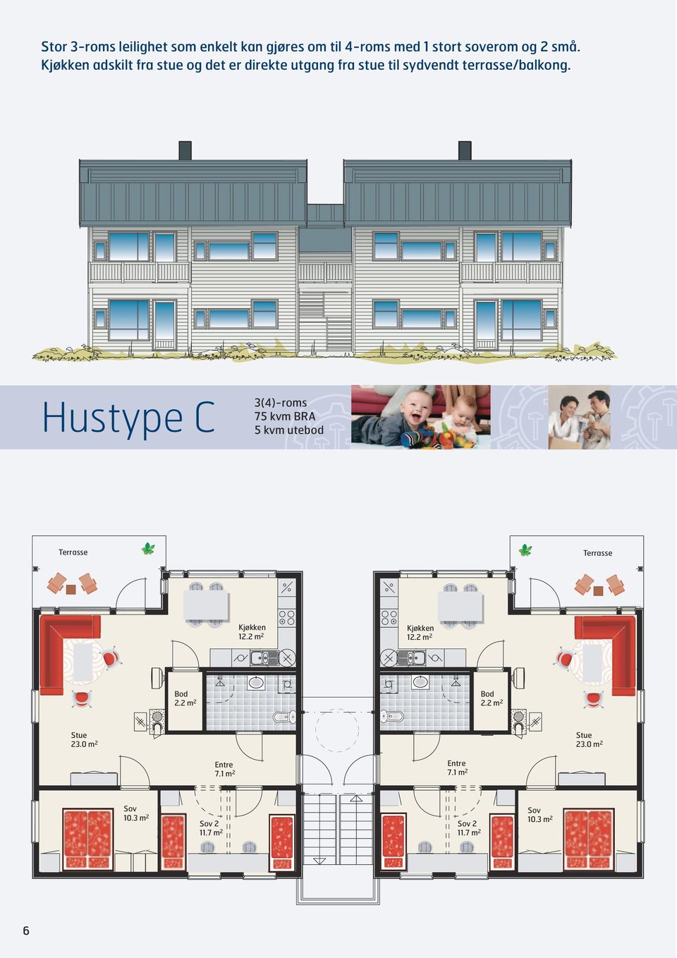 Hustype C 3(4)-roms 75 kvm BRA 5 kvm utebod Kjøkken 12.2 m2 Kjøkken 12.2 m2 Bod 2.