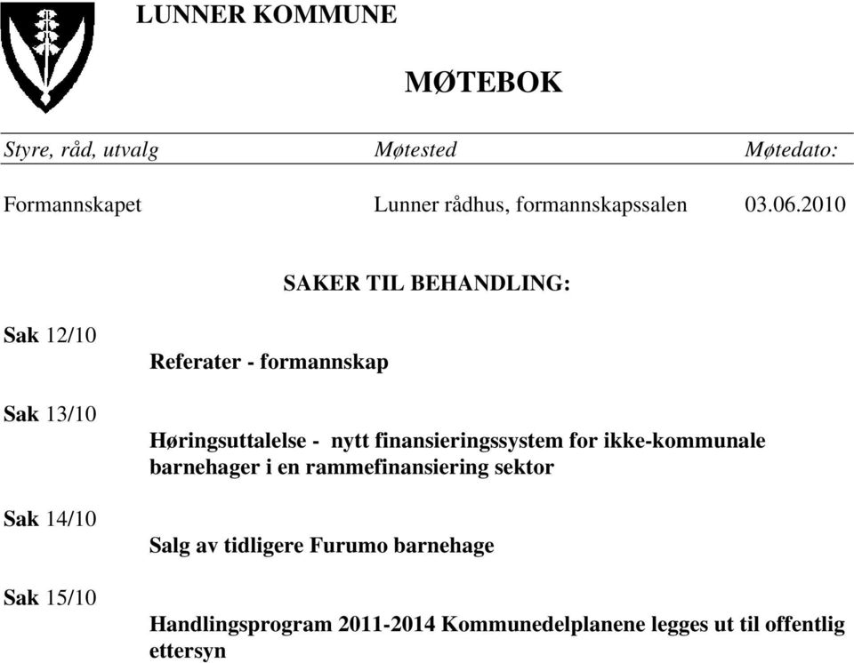 2010 SAKER TIL BEHANDLING: Sak 12/10 Sak 13/10 Sak 14/10 Sak 15/10 Referater - formannskap