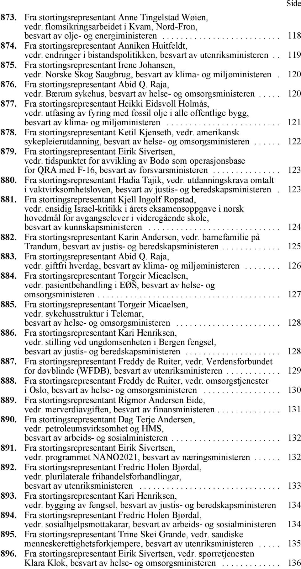 Norske Skog Saugbrug, besvart av klima- og miljøministeren. 120 876. Fra stortingsrepresentant Abid Q. Raja, vedr. Bærum sykehus, besvart av helse- og omsorgsministeren..... 120 877.