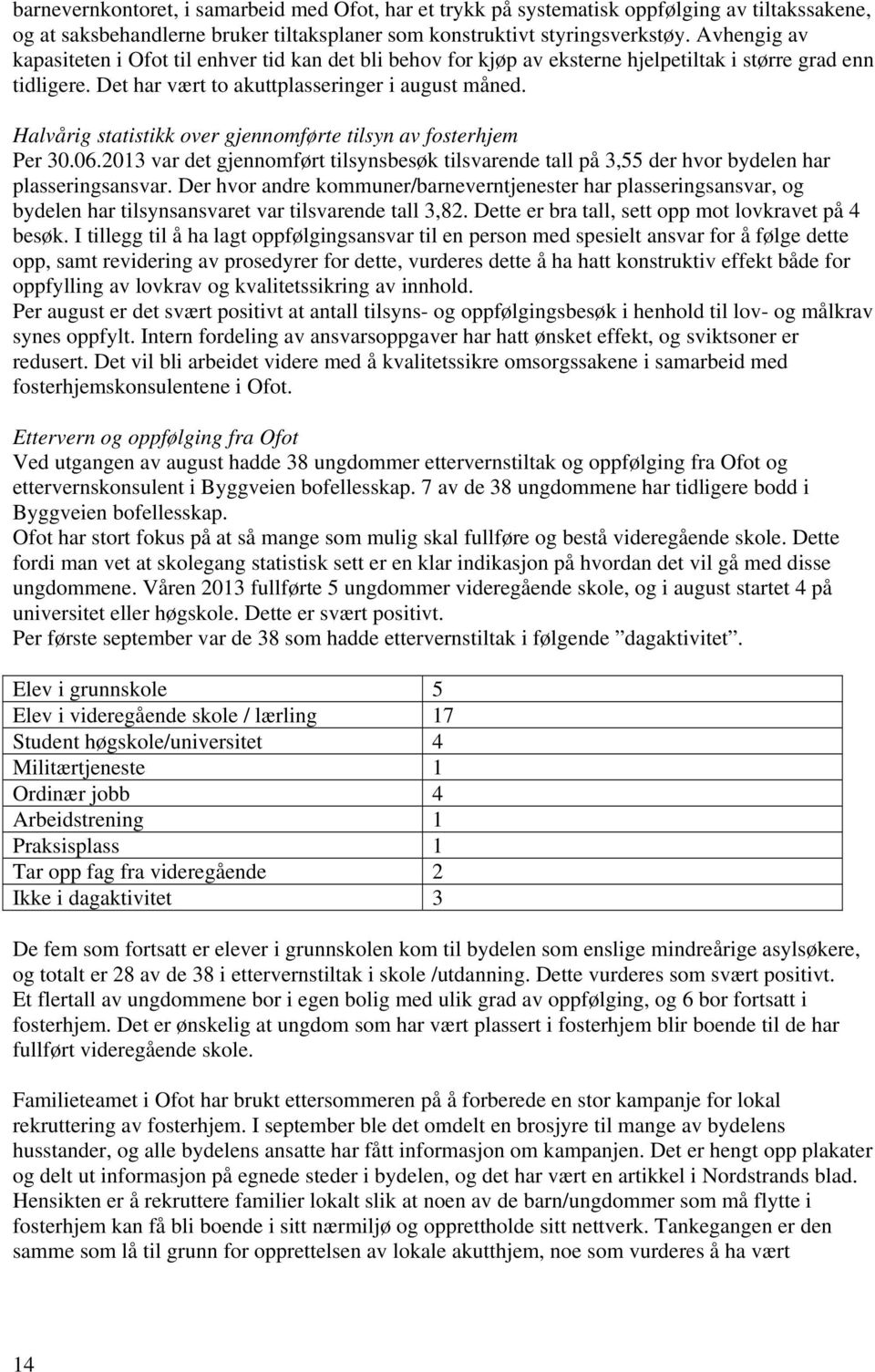 Halvårig statistikk over gjennomførte tilsyn av fosterhjem Per 30.06.2013 var det gjennomført tilsynsbesøk tilsvarende tall på 3,55 der hvor bydelen har plasseringsansvar.