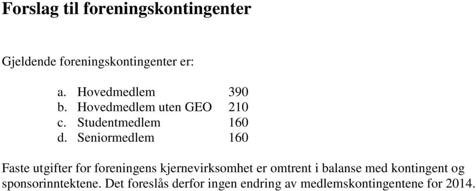 Seniormedlem 160 Faste utgifter for foreningens kjernevirksomhet er omtrent i