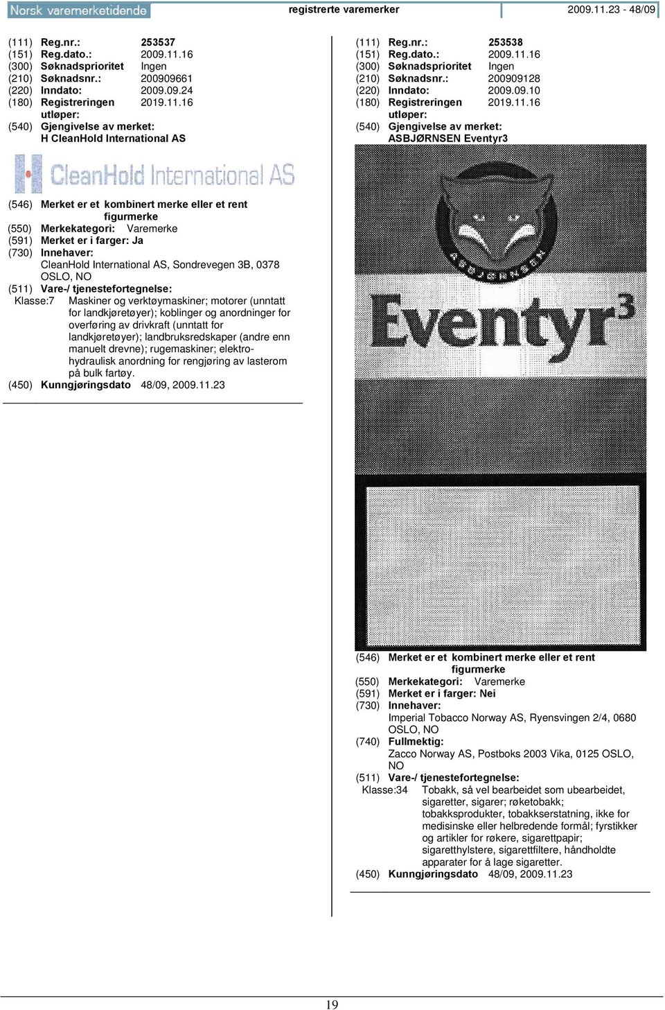 ASBJØRNSEN Eventyr3 (546) Merket er et kombinert merke eller et rent figurmerke (550) Merkekategori: Varemerke (591) Merket er i farger: Ja CleanHold International AS, Sondrevegen 3B, 0378 OSLO, NO
