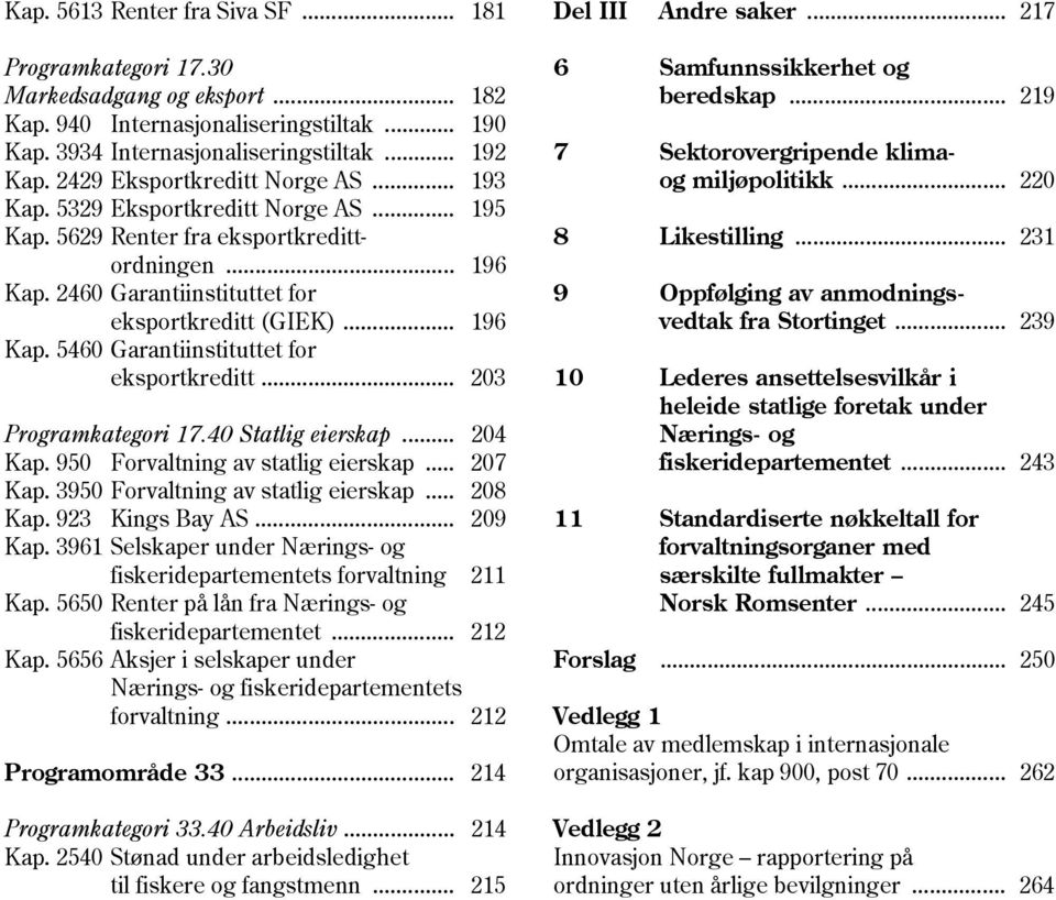 .. 203 Programkategori 17.40 Statlig eierskap... 204 Kap. 950 Forvaltning av statlig eierskap... 207 Kap. 3950 Forvaltning av statlig eierskap... 208 Kap. 923 Kings Bay AS... 209 Kap.