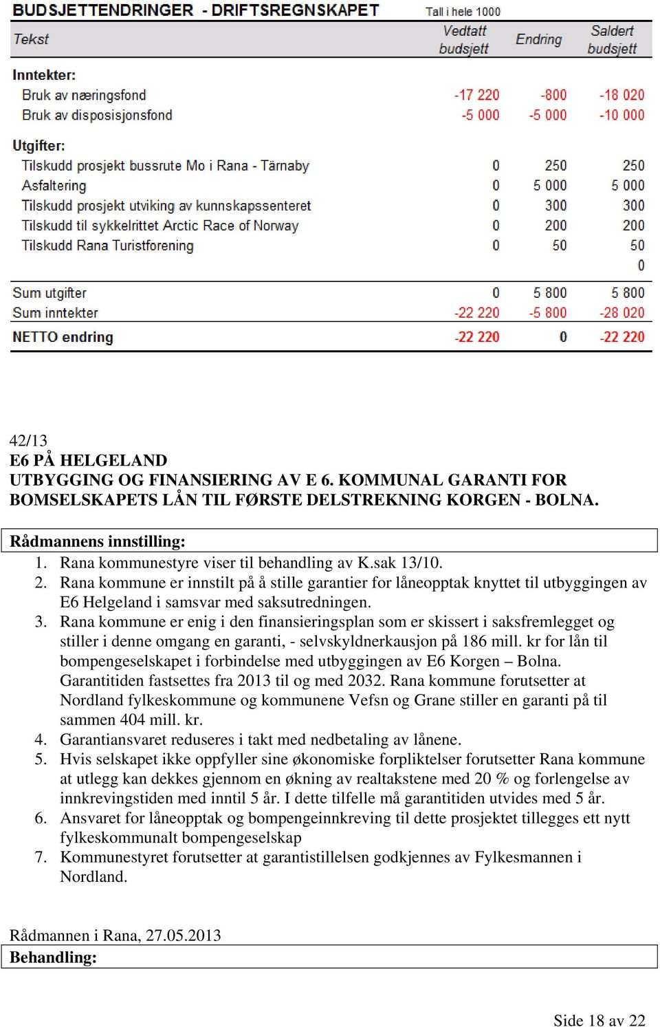 Rana kommune er enig i den finansieringsplan som er skissert i saksfremlegget og stiller i denne omgang en garanti, - selvskyldnerkausjon på 186 mill.