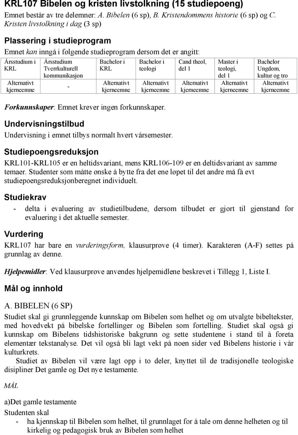 Bachelor i teologi Forkunnskaper: Emnet krever ingen forkunnskaper. Undervisningstilbud Undervisning i emnet tilbys normalt hvert vårsemester.