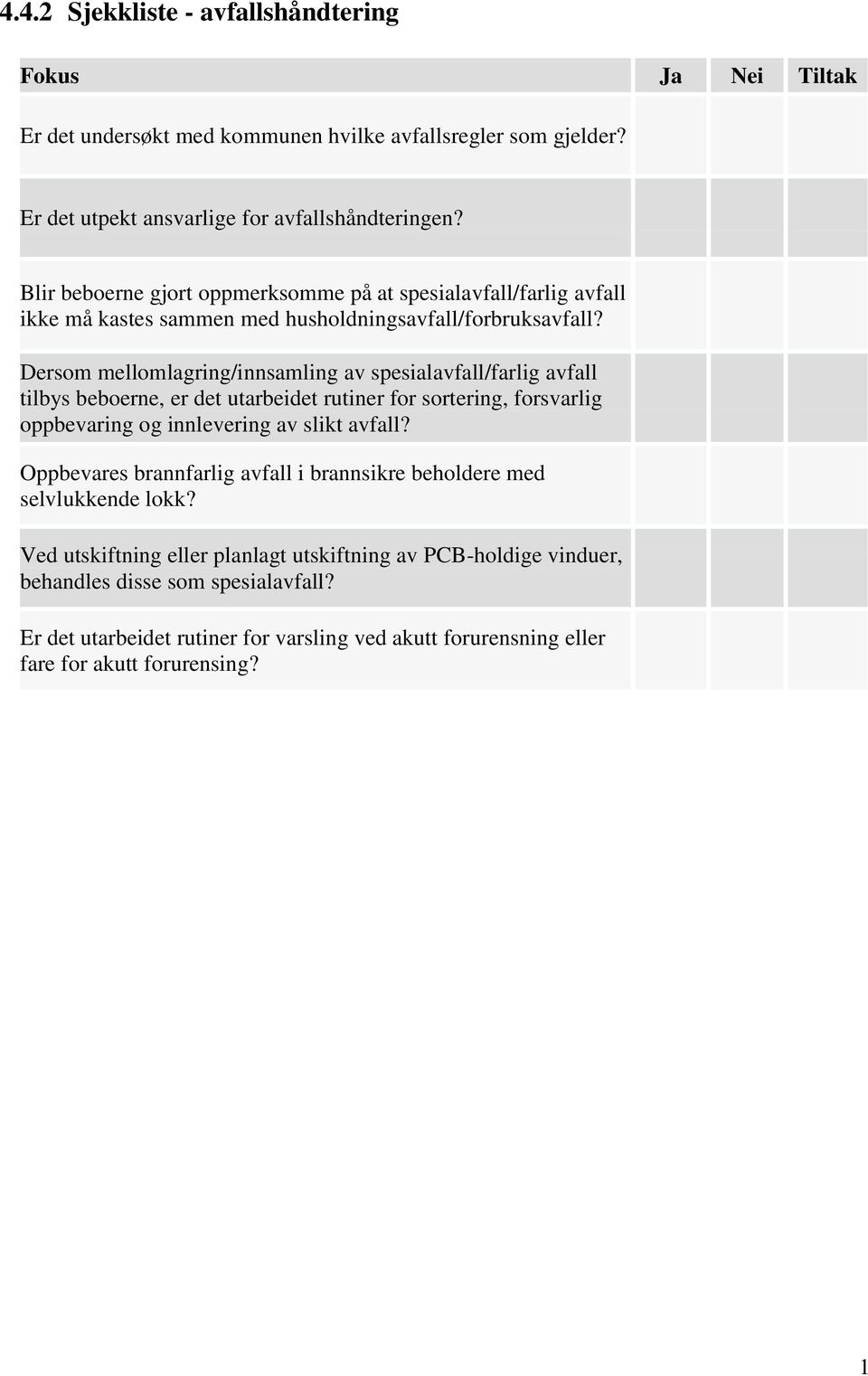 Dersom mellomlagring/innsamling av spesialavfall/farlig avfall tilbys beboerne, er det utarbeidet rutiner for sortering, forsvarlig oppbevaring og innlevering av slikt avfall?