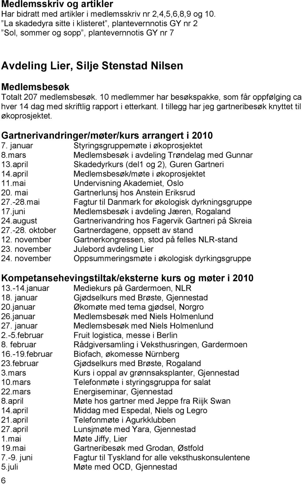 10 medlemmer har besøkspakke, som får oppfølging ca hver 14 dag med skriftlig rapport i etterkant. I tillegg har jeg gartneribesøk knyttet til økoprosjektet.